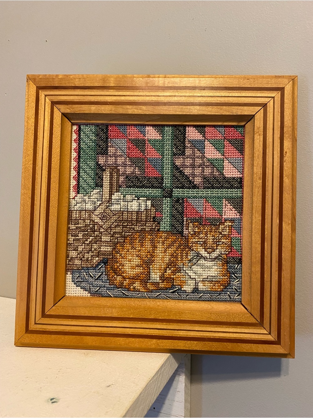 Framed Ginger Cat Cross-Stitch Wall Art - Home Art